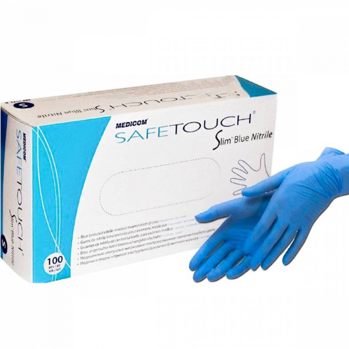 Рукавички нітрилові без пудри нестерильні Safe Touch Slim Blue, розмір S (100 од.) (4.2г)